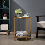 HollyHOME 2-Tier Round Gold Side Table, Outdoor Small Folding Accent Stand with Removable Tray, Anti-Rust Metal Asional Table for Balcony Patio Living Room, Nightstand for Bedroom(Gold&Grey)