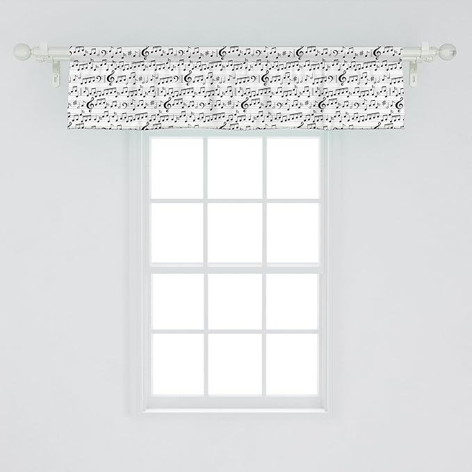 Ambesonne Music Window Valance Pack of 2, Abstract Style Professional Pattern Notes and Clef Sheet Play Writing Print, Rod Pocket Curtain Valances for Kitchen Bedroom, 54" X 12", Black White