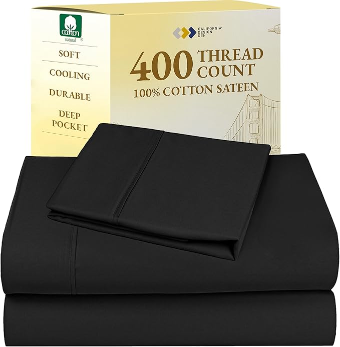 California Design Den Soft Twin Sheets Set - 400 Thread Count Sateen, 100% Cotton Sheets, Deep Pockets, Cooling and Durable Bedding Set for Dorm Rooms & Adults - Black
