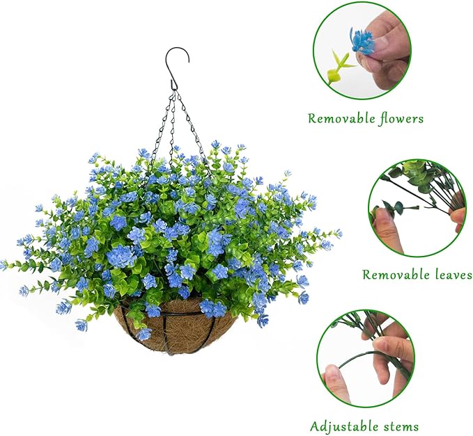 Artificial Hanging Flowers Basket, 12 UV-Resistant Bundles of Realistic Fake Flowers, Faux Plants for Outdoor Decor, Home, Garden, Porch, Patio, Spring & Summer Decorations, Blue