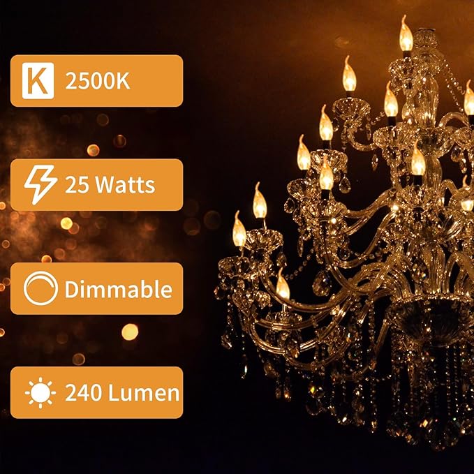 4-Pack E12 Candle Light Bulbs 25W Warm White 2500K, 240 Lumen Dimmable Chandeier Light Bulbs for Ceiling Fan, Pendants or Outdoor, CA10 Clear Candelabra Base Bulbs