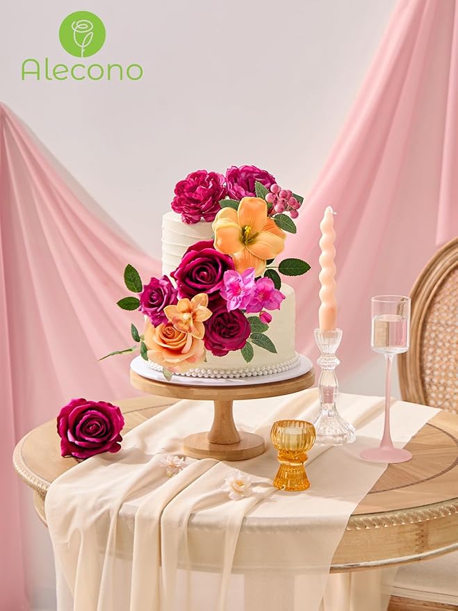 Alecono Artificial Flowers, Hot Pink and Orange Silk Fake Flowers for DIY Wedding Bridal Bouquets, Wedding Cake Flowers for Table Centerpieces Party Home Decorations