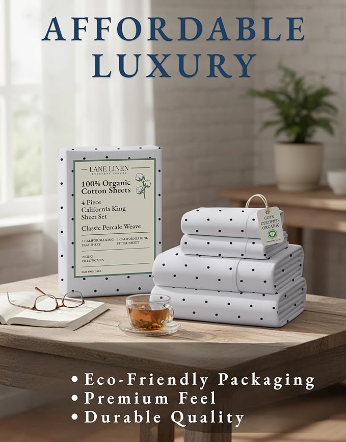 LANE LINEN 100% Organic Cotton Printed California King Sheets Set, Fully Elasticized Reinforsed Seams in Fitted Pocket, Naturally Cooling All Season Cal King Sheet Deep Pocket Bedding- Polka Dot