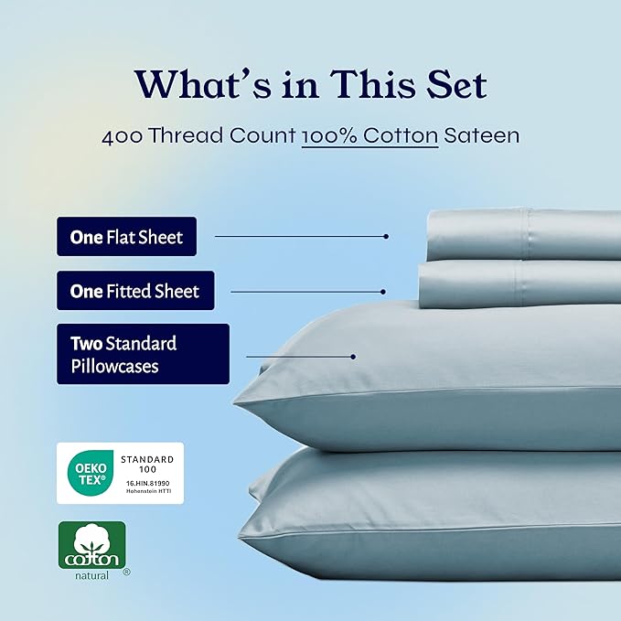 California Design Den Full Size Bed Sheets Set - Soft 400 Thread Count Sateen, Natural 100% Cotton Sheets with Deep Pockets, Breathable, Cooling and Durable Bedding Set - Sky Blue