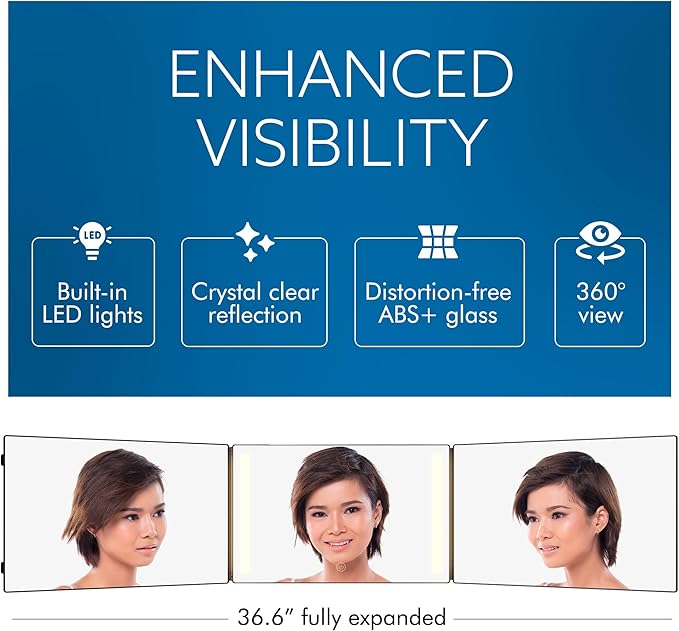 3-Way Mirror with LED Lights for Self Hair Cutting – Adjustable, Portable, 360-Degree View