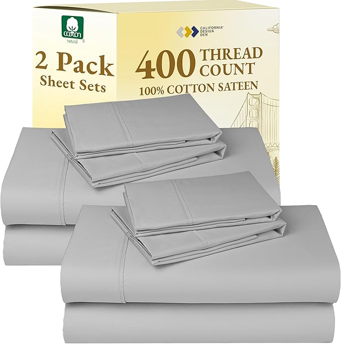 California Design Den 2-Pack Full Size Sheet Sets 400 Thread Count 100% Cotton Sateen - Extra Soft, Breathable & Cooling Sheets, Wrinkle Resistant, 2 Sets of Deep Pocket Bed Sheets - Light Grey
