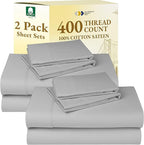California Design Den 2-Pack Full Size Sheet Sets 400 Thread Count 100% Cotton Sateen - Extra Soft, Breathable & Cooling Sheets, Wrinkle Resistant, 2 Sets of Deep Pocket Bed Sheets - Light Grey