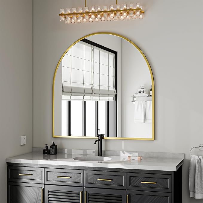 VooBang Wide Arched Wall Mirror, 38 x 40 inch Arch Bathroom Mirror, Wall Mounted Vanity Mirror with Arch Metal Frame, Modern Bathroom Vanity Mirror for Bedroom, Living Room, Hanging or Leaning, Gold