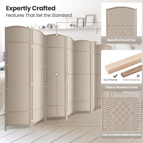 8 Panel Room Divider,6Ft Folding Privacy Screen,Tall - Extra Wide Foldable Panel Partition Wall Divider with Diamond Double-Weaved Hand-Woven Design Room Screen Divider