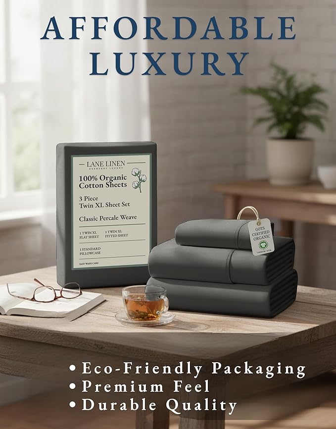 LANE LINEN 100% Organic Cotton Twin XL Sheets Set, Hotel Like Crisp Percale Low Pill Fade Resistant Reinforsed Seam Cotton Sheets, Perfect for Hospital Bed & Dorm Room Extra Long Twin- Charcoal