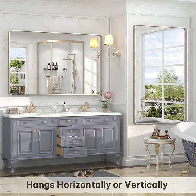 40x30 Inch Brushed Nickel Bathroom Mirror, Brushed Silver Metal Framed Wall Mirror, Rounded Corner Rectangle Modern Vanity Mirror, Tempered Glass, Anti-Rust, Shatterproof (Horizontal/Vertical)
