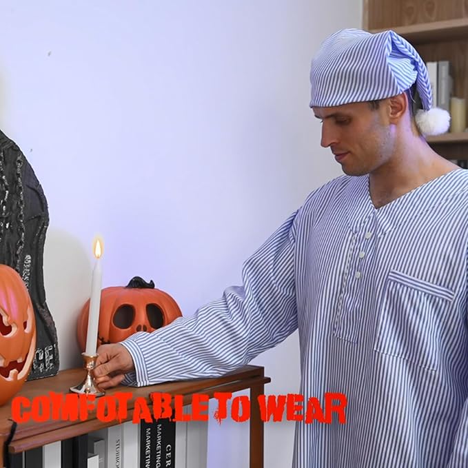 Toulite 4 Pcs Men's Pajama Set Includes Men's Nightshirt Night Sleeping Cap Candle Holder and Candle for Halloween Christmas(2x-large)