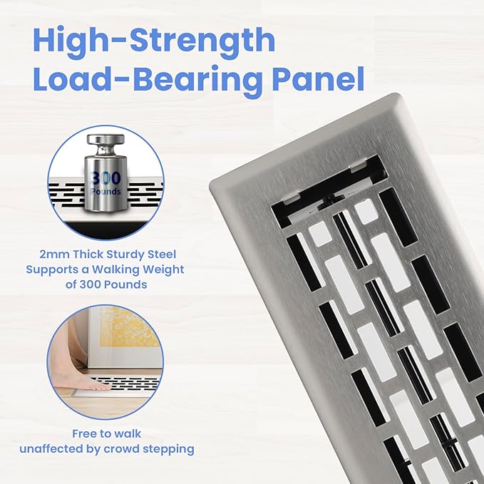 2x10 Inches 2 Pack Heavy Duty Walkable Floor Register - Easy Adjust Air Supply Lever Decorative Floor Vent Covers - Boston Design Vent Covers for Home - Satin Nickel