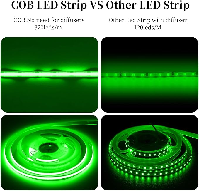 iNextStation COB LED Strip Light Green 16.4FT 5M, DC12V CRI 93+ Dimmable Flexible LED Tape Lights for Bedroom, Kitchen, TV Backlight, Cupboard, Wardrobe, Home Lighting Decor