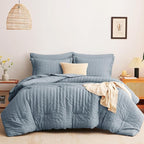 CozyLux Grayish Blue Queen Comforter Set Seersucker 7 Pieces Dusty Blue Bed in a Bag Queen Comforter Set with Sheets, Luxury Bedding Set with Down Alternative Comforter, Sheets, Pillowcases & Shams