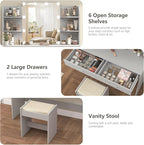 usikey Vanity Desk, Makeup Vanity Table with 10 LED Light Bulbs, Vanity Table, Vanity Desk Set with 2 Drawers, 6 Storage Shelves & Cushioned Stool for Women Girls, Bedroom, Grey