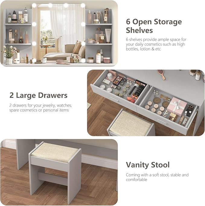 usikey Vanity Desk, Makeup Vanity Table with 10 LED Light Bulbs, Vanity Table, Vanity Desk Set with 2 Drawers, 6 Storage Shelves & Cushioned Stool for Women Girls, Bedroom, Grey