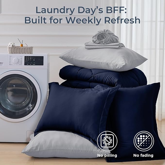 HEVUMYI King Comforter Set - 7-Piece All Season Bed in a Bag King, Ultra Soft Bedding Set with Comforter, Flat Sheet, Fitted Sheet, Pillowcases, Pillow Shams, Navy Blue & Light Grey