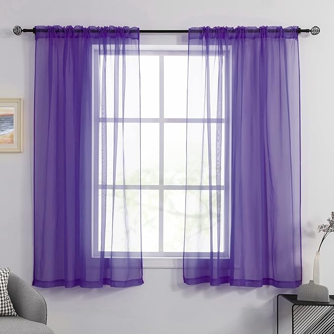 HUTO Purple Sheer Curtains 63 Inch Length for Girls Room Rod Pocket Voile Curtain Panels for Bedroom Living Room,Set of 2 Panels,52”x63”