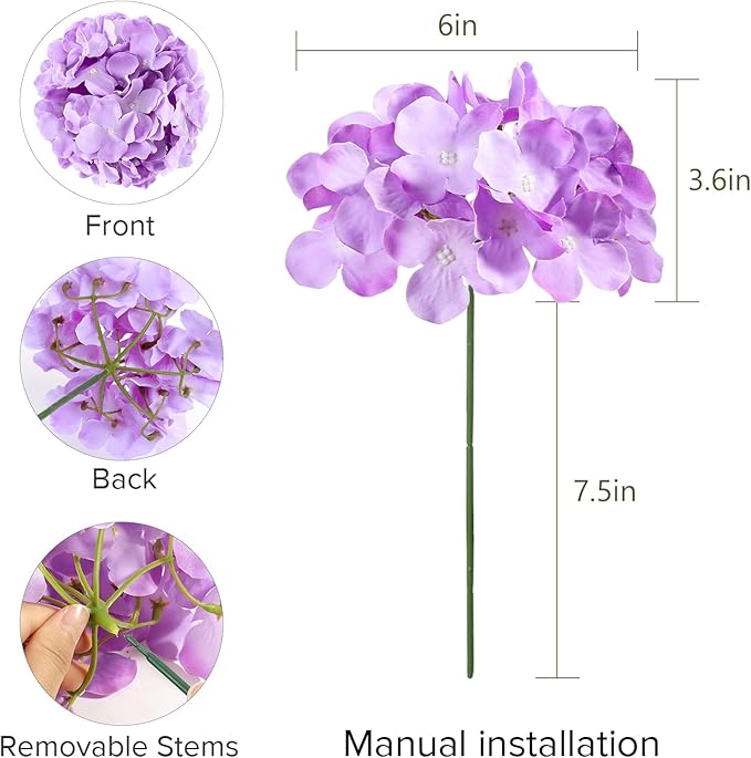 Auihiay 64pcs Hydrangea Artificial Flowers, Purple Artificial Hydrangea Flowers, Silk Hydrangea Heads with Stems for Garden, Home Party Baby Shower DIY Wedding Centerpiece (Purple)