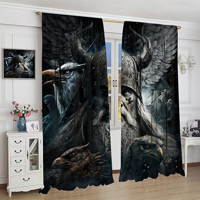 Fantasy Norse Viking Curtains for Bedroom - Cool Gothic Vintage Vikings Mystical Symbol Eagle Window Treatment,Energy Saving Thermal Insulated Rod Pocket Bedroom Blackout Curtains 2 Panels 63L x 36W