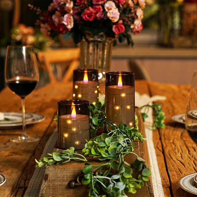 Homemory Flickering Flameless Candles with String Lights, Battery Operated Candles, Embedded String Lights LED Candles, Unbreakable Plexiglass with Remote, Set of 3, Grey