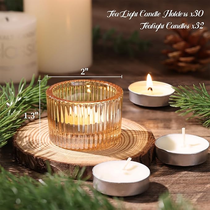 30Pcs Ribbed Gold Candle Holders for Table Centerpiece, Gold Tea Light Candle Holders with 32pcs Tea Light Candles for Wedding Decor, Diwali, Home and Party Decor
