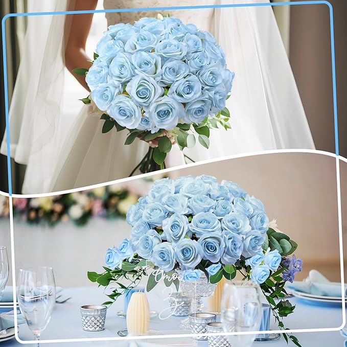 32 Pcs Ice Blue Artificial Roses Fake Flowers, Silk Flowers with Stems for DIY Wedding Bridal Shower Centerpieces Arrangements Tables Decorations