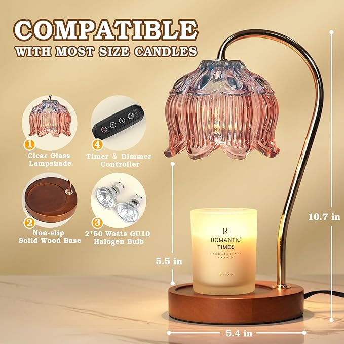 Dimmable Candle Warmer Lamp with Timer, Electric Candle Warmer Lamp, Women Christmas Gifts, Flower Candle Lamp Warmer for Family, Pink Blue Fragrance Candle Lamp for Modern Office Desk Decor