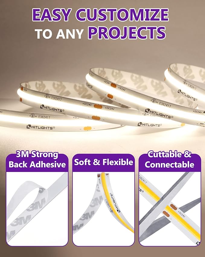 HitLights COB LED Strip Lights Neutral White 4000K, 32.8ft Premium High Density 24V Tape Light, 5120LEDs, 350+ LM/FT, CRI 90+, IP30, Lighting for Kitchen, Cabinets,UL Listed(Power Source Not Included)