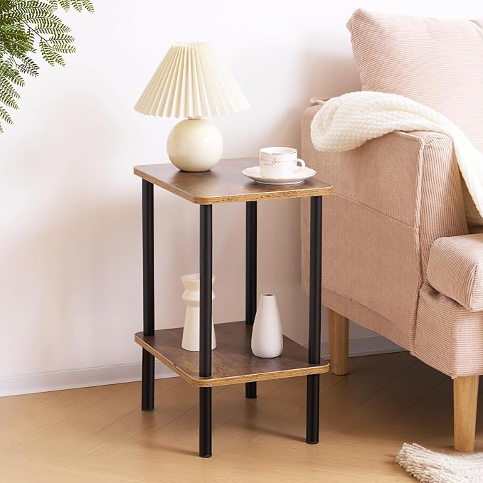 Apicizon 2 Tier End Table Set of 2, Small Side Table with Solid Wood Legs, Boho Bedside Table with Storage Shelf, Nightstand for Small Spaces, Bedroom, Living Room, Entryway, Easy Assembly, Brown