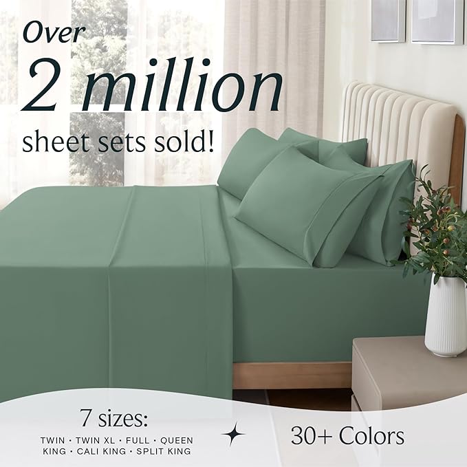 LuxClub 5 PC Split King Sheet Set, Breathable Luxury Bed Sheets, Deep Pockets Wrinkle Free Cooling Sheets Machine Washable Hotel Bedding Silky Soft - Tree Moss Green Split King