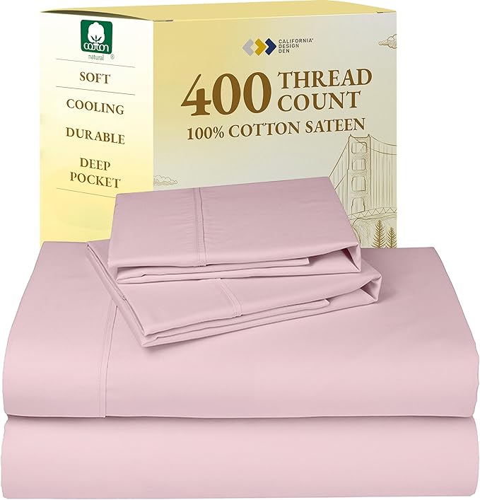 California Design Den King Size Sheets Set - 400 Thread Count Sateen, Natural 100% Cotton Sheets with Deep Pockets, Breathable and Durable Bedding Set - Pink