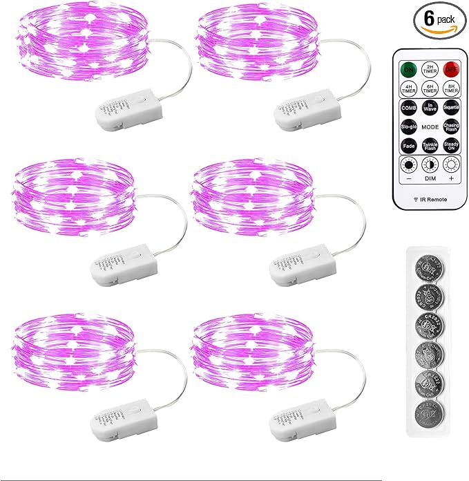 6PCS Fairy Lights Battery Powered with Remote, 7ft 20LEDs Pink Twinkle Mini Lights with Timer, Waterproof Small Silver Wire Firefly Starry for DIY Wedding Party Christmas