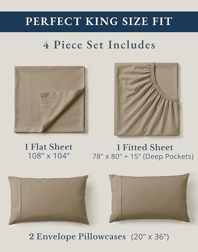 LANE LINEN 100% Organic Cotton Sheets Set, Long- Staple Percale Weave Ultra Soft Best- Bedding Sheets for Bed, GOTS Certified, Fits Mattress Upto 15inch Deep Pocket (King, Taupe)