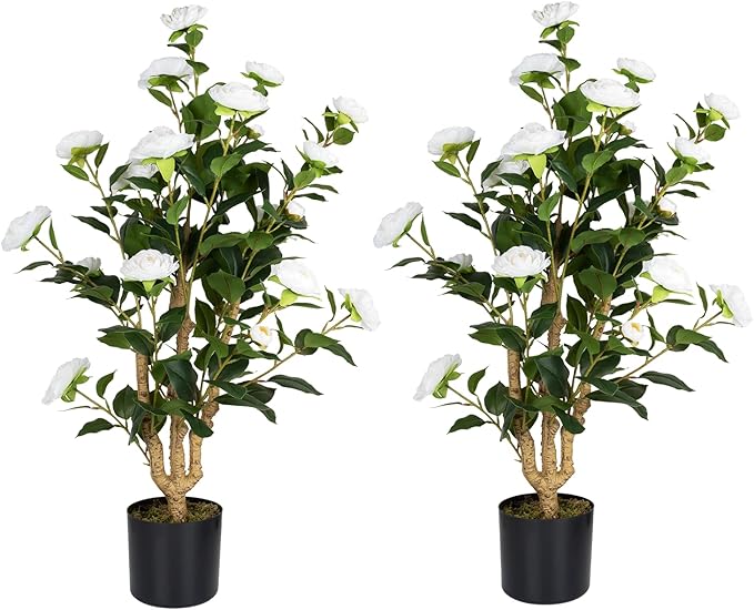 Artificial Camellia Tree 2 Pack, 38’’ Faux Camellia Plant in Pot with White Flowers, Greenery Potted Plant for Indoor Outdoor Office Home Porch Decor, White