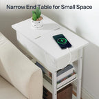 HOOBRO End Table with Charging Station, Narrow Side Table, Flip Top Nightstand with USB Ports and Outlets, Bedside Tables with Shelf for Small Spaces, Living Room, White WT341BZ01