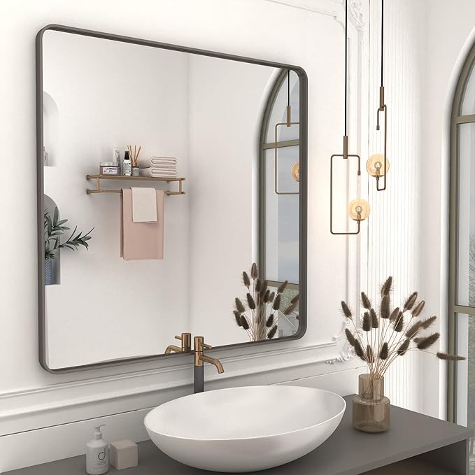 36x36 Square Bathroom Framed Mirror for Wall, Brushed Bronze Metal Bathroom Vanity Mirror, Rounded Rectangle Mirror, Anti-Rust, Tempered Shatterproof (Horizontal/Vertical)