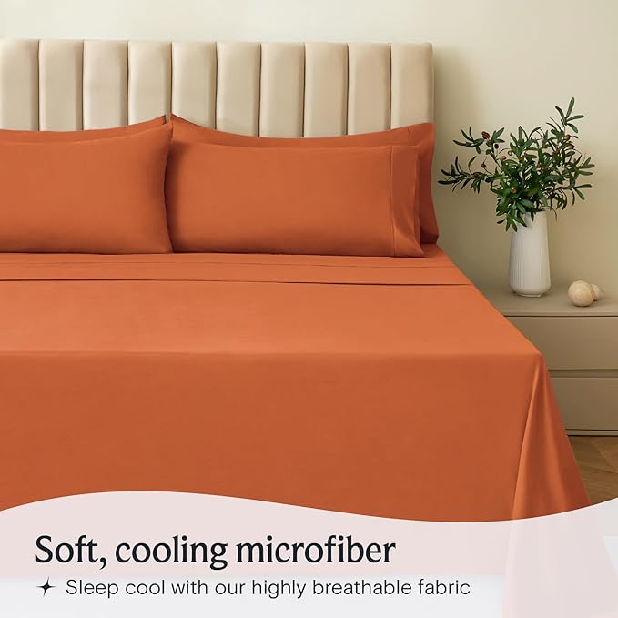 LuxClub 4 PC Queen Sheet Set, Deep Pockets Wrinkle Free Cooling Bed Sheets Hotel Bedding for Women, Men, Kids & Teens, Includes 1 Fitted Sheet, 1 Flat Sheet and 2 Pillowcases - Autumn Orange