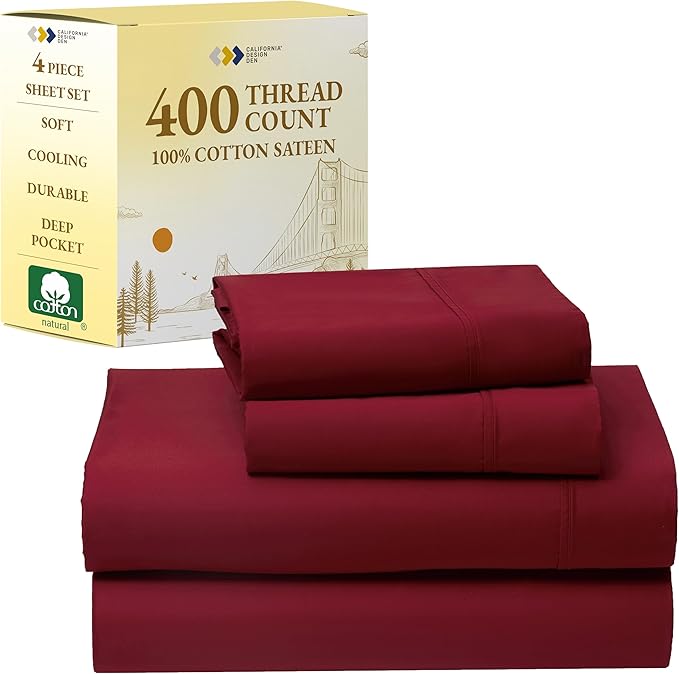 California Design Den Full Size Bed Sheets Set - Soft 400 Thread Count Sateen, Natural 100% Cotton Sheets with Deep Pockets, Breathable, Cooling and Durable Bedding Set - Bright True Red