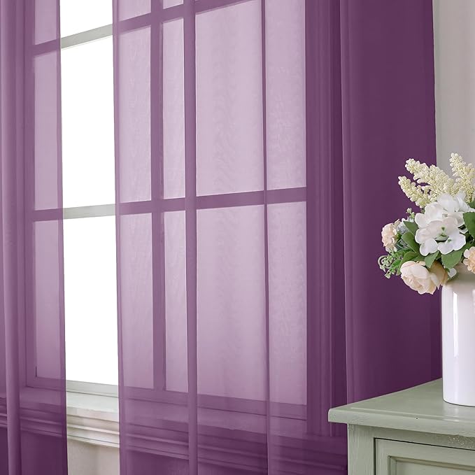 Aiyufeng Plum Purple Sheer Curtains 96 Inches Long 2 Panels, Solid Voile Top Dual Rod Pockets Stylish Breathable Drapes Window Treatment for Kid's Room/Bedroom/Living Room, 42W x 96L inches
