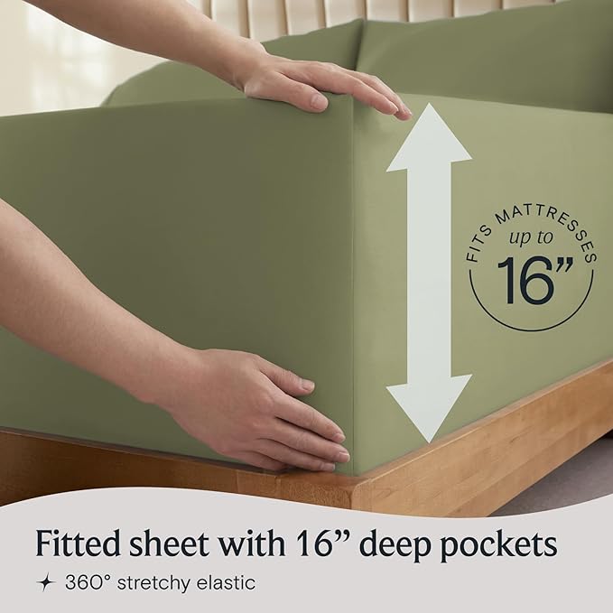 LuxClub 6 PC Queen Sheet Set, Breathable Luxury Bed Sheets, Deep Pockets 18" Eco Friendly Wrinkle Free Cooling Sheets Machine Washable Hotel Bedding Silky Soft - Olive Queen