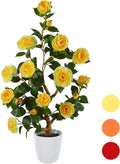Artificial Camellia Tree 3ft, Fake Plant in White Pot, Faux Camellia Silk Flower Potted Tree for Indoor Outdoor Home Livingroom Office Decor (Yellow)