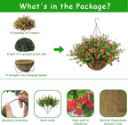 Artificial Hanging Flowers Basket, 12 UV-Resistant Bundles of Realistic Fake Flowers, Faux Plants for Outdoor Decor, Home, Garden, Porch, Patio, Spring & Summer Decorations, Red