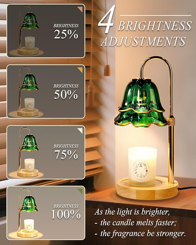 Green Candle Warmer Lamp with Timer Dimmable, Flower Candle Warming Light Height Adjustable, Wax Melt Warmer Candle Lamp for Jar Scented Candles, Birthday Christmas Housewarming Gifts for Women Mom