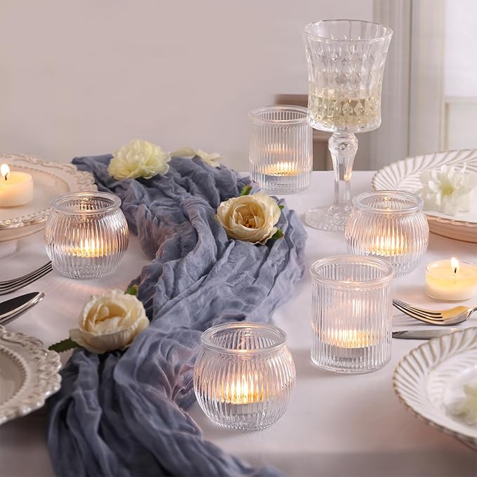 24pcs Assorted Ribbed Votive Candle Holders, Clear Tea Lights Candle Holder for Wedding Decorations, Glass Candle Holder for Table Centerpiece, Party and Holiday Decorations