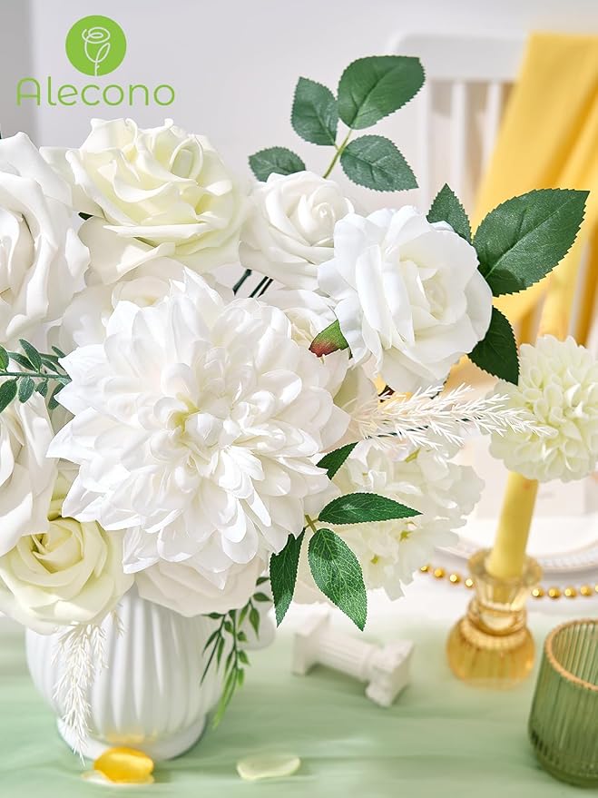 Alecono Artificial Flowers, White Silk Fake Flowers for DIY Wedding Bridal Bouquets, Cake Flowers for Table Centerpieces Baby Shower Party Home Decorations