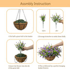 Artificial Hanging Flowers Basket for Outdoor, 16 Fake Flowers Look Real UV Resistant, Faux Hanging Plants for Porch, Balcony, Patio, Garden, Spring Summer Decor,Purple