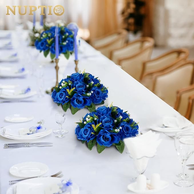 NUPTIO Flower Ball Arrangement Bouquet - 6 Pcs 9.5 inch Diameter Royal Blue Fake Flowers Roses Balls for Centerpieces Tables - Artificial Rose Arrangements for Wedding Centerpiece Table Decorations