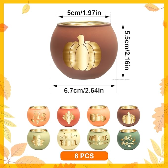 Set of 8 Fall Votive Candle Holder,Glass Tealight Holders with 6 Engraving Patterns,Thanksgiving Candlestick Holder for Home Wedding Table Centerpieces Decoration